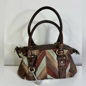 Vintage y2k Fossil Maddox Brown Leather Chevron Patchwork Satchel .